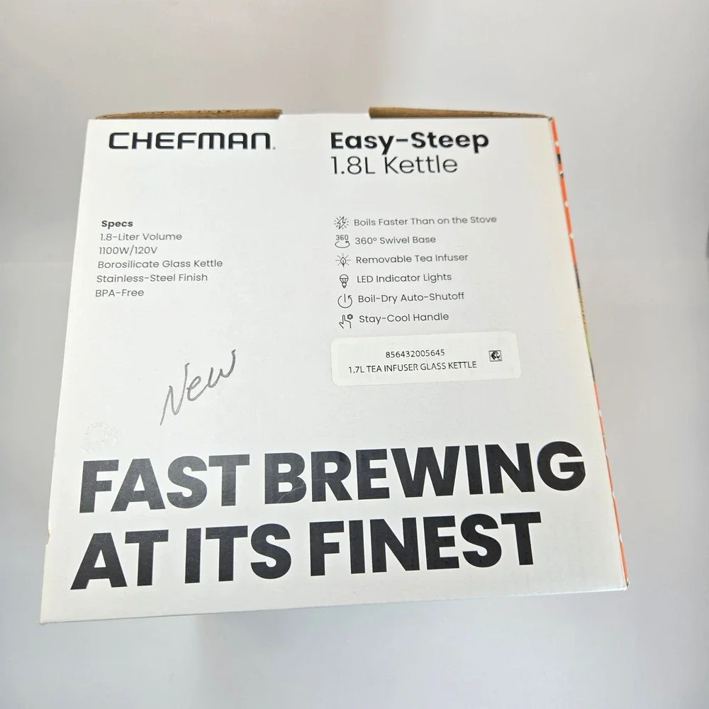 Chefman Easy-Steep 1.8L Electric Kettle Glass Stainless Steel RJ11-17-TI-WM NEW